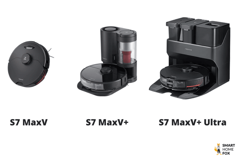 The different docking stations of the Roborock S7 MaxV can be seen in a row.